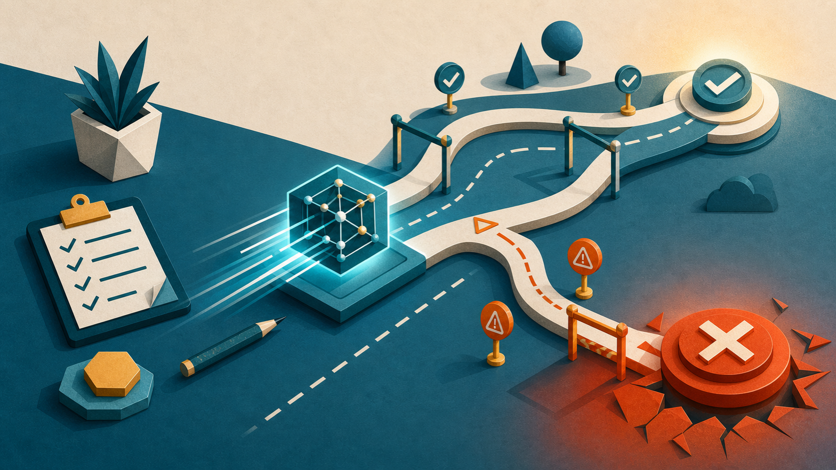 An abstract AI accelerator racing toward a risky path while review checkpoints mark a safer route