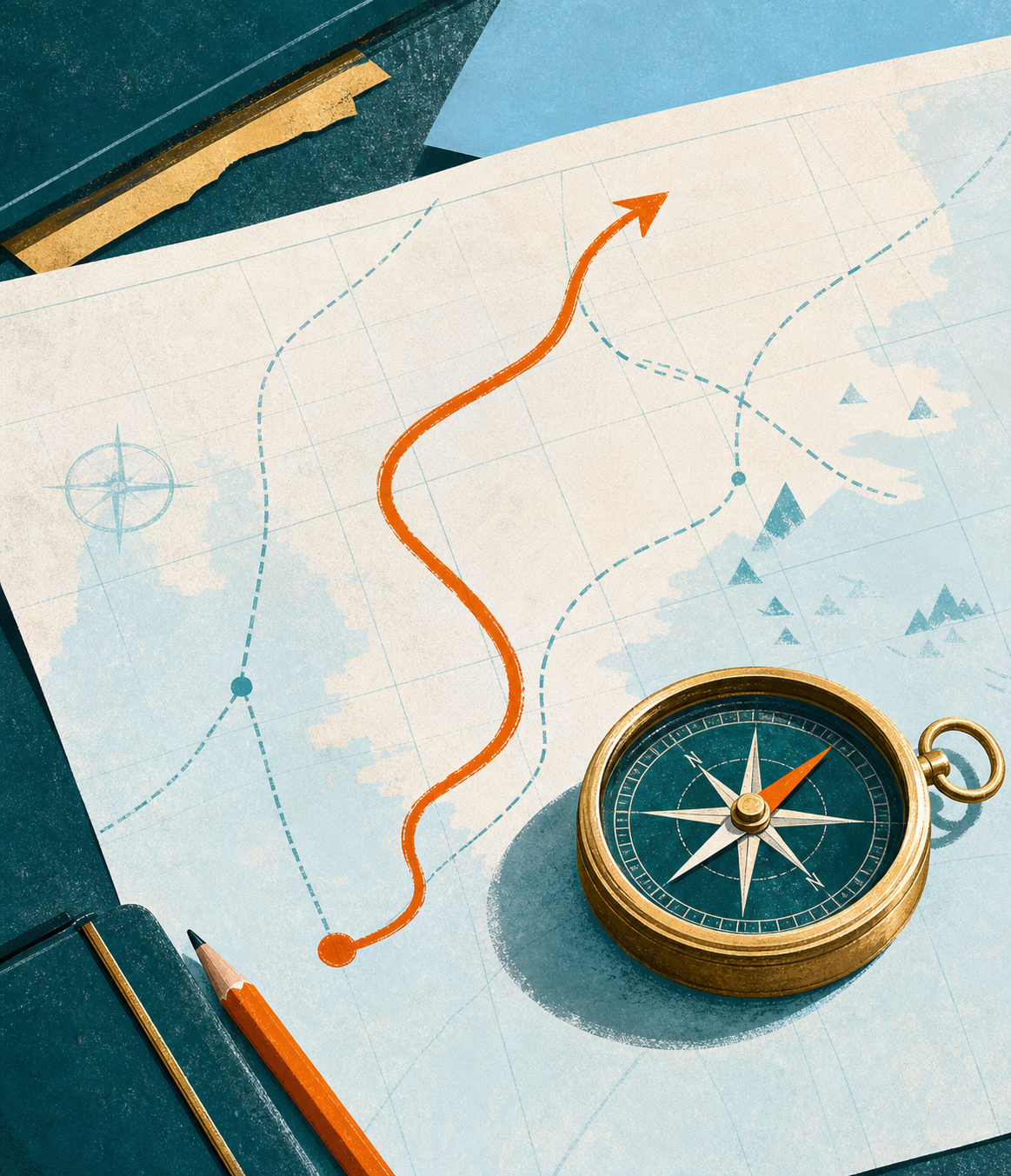 Navigation chart and compass with a bold route choosing a different course